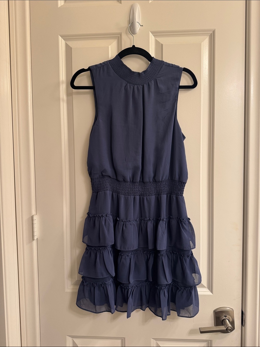 1. State Navy Sleeveless Smocked Tiered Ruffle Dress
